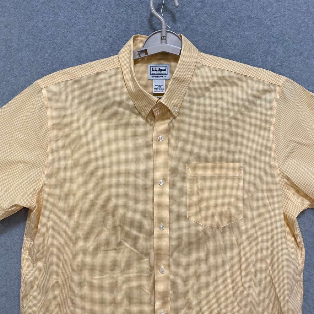 LL BEAN Men's L Regular Traditional Fit Short Sleeve Button Down Yellow Check - Picture 3 of 6